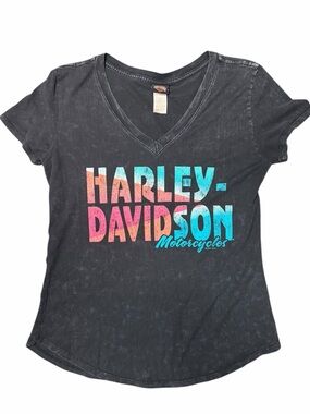 Harley-Davidson Acid Wash V-Neck // Retro Neon Goodyear AZ Biker Tee S